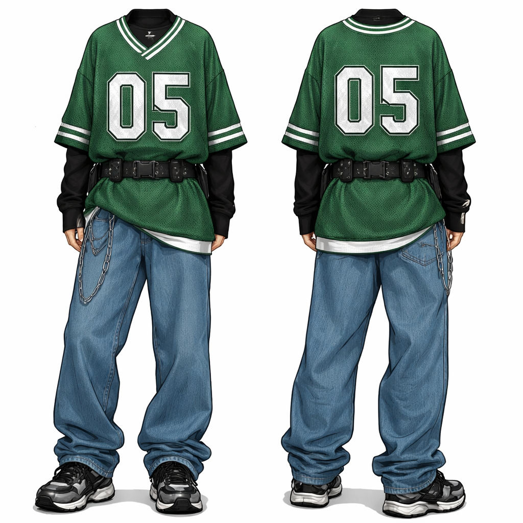 don’t draw the face and the drawing should not be human but fashion design so it’s a sport look let’s first have a black shirt on the inside long sleeve with an oversized green jersey with 05 written on it paired with blue jeans and sneakers black sneakers and a belt around the lower part of the jersey
don’t draw the face and the drawing should not be human but fashion design so it’s a sport look let’s first have a black shirt on the inside long sleeve with an oversized green jersey with 05 written on it paired with blue jeans and sneakers black sneakers and a belt around the lower part of the jersey , show front and back