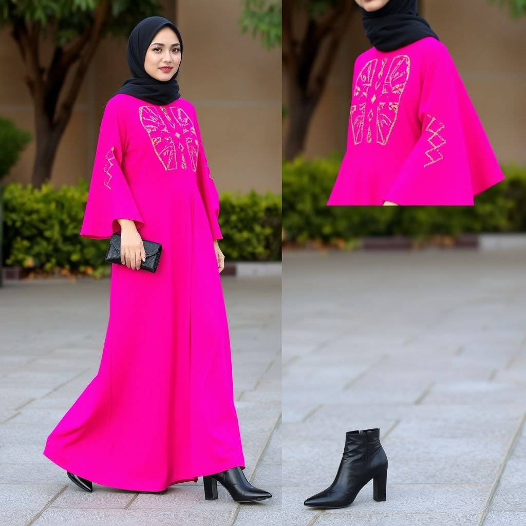 A modern, A-line abaya in a bold pink color. Features statement sleeves and minimalist, geometric embroidery. Stylish, modest, and perfect for everyday wear.
Imagine a contemporary A-line abaya in vibrant hot pink, showcasing dramatic bell sleeves adorned with minimalist, angular geometric embroidery in shimmering gold thread. The sleek silhouette flows effortlessly, perfect for day-to-night transitions. Pair it with stylish, pointed-toe ankle boots and a sleek handcrafted clutch for a chic yet modest statement look.
