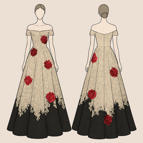 Lace champagne and black wedding dress with off the shoulder sleeves with sequined red roses around the dress.