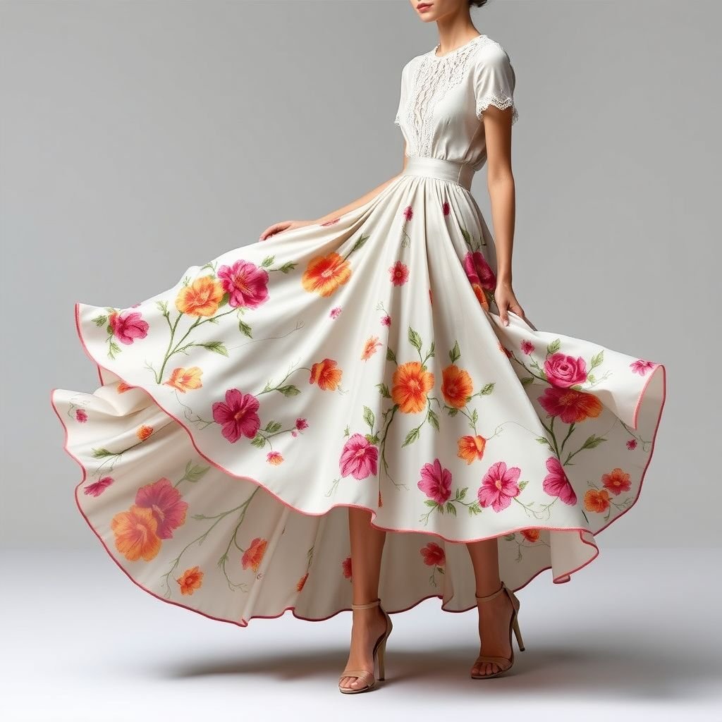 חצאית משי
"Imagine a luxurious silk skirt that dances with movement, featuring asymmetrical layers that cascade like gentle waves. Adorned with intricate, hand-painted floral motifs in vibrant colors, it gracefully blends bohemian elegance with modern chic. Pair it with a fitted, lace-collared blouse and strappy heels for an enchanting evening look."