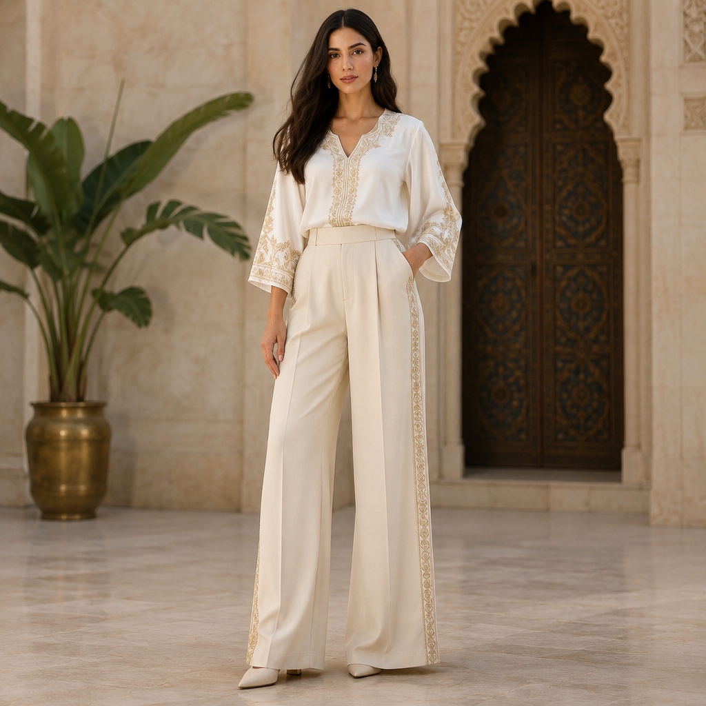 A Pants design, in Elegant style. Morocco fashion aesthetics. Present it as professional fashion catalogue photography: the garment is the subject, shown full-length with editorial styling, neutral posing and tasteful, non-suggestive framing.
photorealistic fashion design, A Pants design, in Elegant style. Morocco fashion aesthetics. Present it as professional fashion catalogue photography: the garment is the subject, shown full-length with editorial styling, neutral posing and tasteful, non-suggestive framing., elegant style, just the design no text