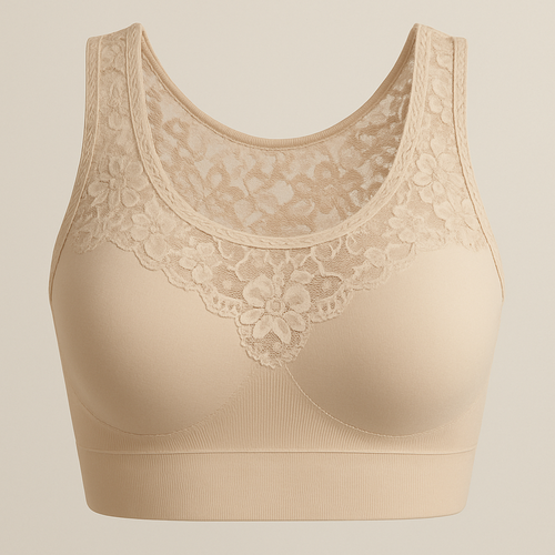 “Elegant women’s sports bra blending performance fabric with transparent lace details. Sculpting fit, floral lace overlay on neckline and straps, soft beige and white tones, premium seamless design, photographed in studio lighting, minimalist background.”