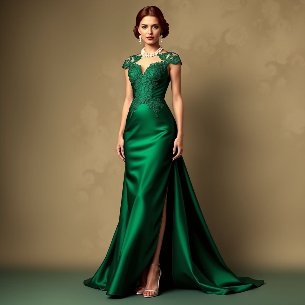 كلاسيكي
Design a timeless classic evening gown, crafted from luxurious silk satin in a deep emerald green. The gown features a fitted bodice adorned with delicate lace appliqués and a flowing A-line skirt that sweeps the floor. Accentuate the look with vintage pearl accessories and elegant stiletto heels for a sophisticated finish.