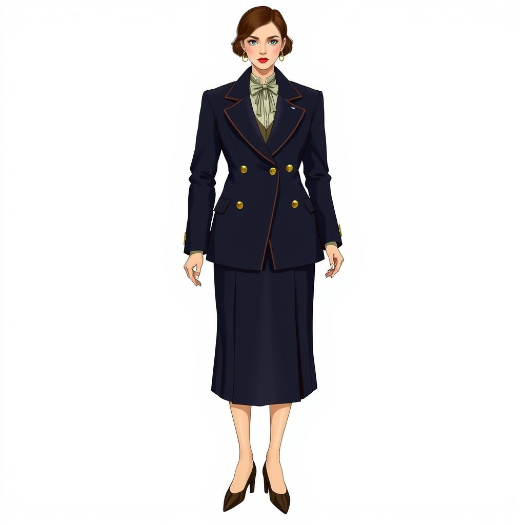 Coord set
Design a classic coord set featuring a tailored, double-breasted blazer in rich navy wool, paired with a high-waisted A-line skirt that falls just below the knee. Adorn the blazer with gold buttons and elegant notched lapels, while the skirt showcases subtle pleats. Complete the look with a silk blouse and vintage accessories.