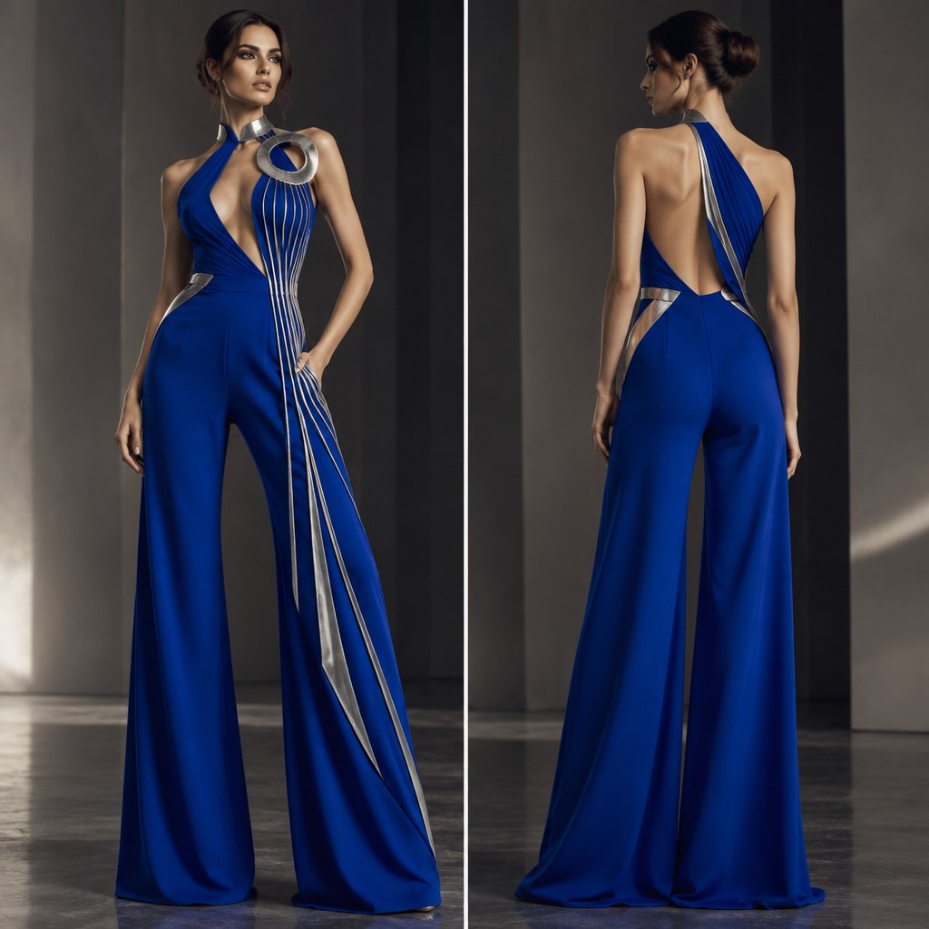 Using the uploaded reference image as a design inspiration, create a completely original women's high-fashion evening jumpsuit.
Do NOT copy the jewelry/accessory in the reference image and do NOT place the original object directly onto the garment. Instead, translate its visual language into the garment's construction.
Take inspiration from:
the strong central medallion-like form
curved and arch-shaped elements
repeated vertical hanging lines
elongated pendant forms
the contrast between a strong central focal point and delicate linear elements
symmetry transformed into controlled asymmetry
GARMENT:
Create a sophisticated, sexy and powerful evening jumpsuit with approximately 40% avant-garde influence.
The silhouette should be:
fitted and sculpted through the upper body
clearly defined at the waist
elegant, elongated and feminine
wide-leg trousers with a long, fluid and clean silhouette
one side of the garment should have more architectural structure and visual complexity, while the opposite side remains cleaner and more minimal
BODICE:
Use a relatively clean, sophisticated neckline with a deep architectural opening rather than a conventional neckline.
The main design feature should be an asymmetric architectural construction across the upper torso.
Translate the reference's circular medallion into a sculptural focal point created through fabric construction, curved seams, overlapping panels or controlled draping.
Translate the hanging chains into elegant elongated fabric lines, narrow panels, seam lines or subtle suspended elements that visually travel downward toward the waist.
Translate the curved lower arch of the reference into an asymmetric curved structural line around the waist or upper hip.
The construction should feel integrated into the garment, as if it was developed through advanced pattern cutting and draping — NOT added as decoration.
Use a combination of:
sculptural pattern cutting
asymmetric panels
controlled fabric twisting
subtle draping
layered fabric construction
a few very refined metallic silver details at selected points
COLOR:
Use exactly two dominant colors:
vivid cobalt blue
sophisticated metallic silver
Cobalt blue should dominate the garment.
Use silver strategically within the architectural construction, following selected curved lines, structural edges and small focal details.
Do not divide the garment into equal blue and silver sections.
FABRIC:
Combine a luxurious matte cobalt fabric with selected glossy or satin cobalt sections and subtle metallic silver fabric/details.
The contrast between matte and shine should emphasize the architectural construction.
MOOD:
Sexy, powerful, sophisticated, mysterious, luxurious and modern.
The result should feel like an original designer evening jumpsuit for a major high-profile celebration.
It should look like a real fashion designer developed the garment through silhouette, pattern cutting and draping.
Avoid:
literal jewelry attached to the garment
copying the reference accessory
costume aesthetics
excessive embellishment
excessive rhinestones
traditional eveningwear
generic jumpsuit designs
excessive ruffles
bows
puffy sleeves
overly futuristic shapes
The final design should be wearable high fashion, not a costume.
Show the complete garment on an elegant adult female fashion model in a professional high-fashion editorial presentation. Full-body view, three-quarter pose, with enough visibility to clearly understand the asymmetric architectural construction.
photorealistic fashion design, Using the uploaded reference image as a design inspiration, create a completely original women's high-fashion evening jumpsuit.
Do NOT copy the jewelry/accessory in the reference image and do NOT place the original object directly onto the garment. Instead, translate its visual language into the garment's construction.
Take inspiration from:
the strong central medallion-like form
curved and arch-shaped elements
repeated vertical hanging lines
elongated pendant forms
the contrast between a strong central focal point and delicate linear elements
symmetry transformed into controlled asymmetry
GARMENT:
Create a sophisticated, sexy and powerful evening jumpsuit with approximately 40% avant-garde influence.
The silhouette should be:
fitted and sculpted through the upper body
clearly defined at the waist
elegant, elongated and feminine
wide-leg trousers with a long, fluid and clean silhouette
one side of the garment should have more architectural structure and visual complexity, while the opposite side remains cleaner and more minimal
BODICE:
Use a relatively clean, sophisticated neckline with a deep architectural opening rather than a conventional neckline.
The main design feature should be an asymmetric architectural construction across the upper torso.
Translate the reference's circular medallion into a sculptural focal point created through fabric construction, curved seams, overlapping panels or controlled draping.
Translate the hanging chains into elegant elongated fabric lines, narrow panels, seam lines or subtle suspended elements that visually travel downward toward the waist.
Translate the curved lower arch of the reference into an asymmetric curved structural line around the waist or upper hip.
The construction should feel integrated into the garment, as if it was developed through advanced pattern cutting and draping — NOT added as decoration.
Use a combination of:
sculptural pattern cutting
asymmetric panels
controlled fabric twisting
subtle draping
layered fabric construction
a few very refined metallic silver details at selected points
COLOR:
Use exactly two dominant colors:
vivid cobalt blue
sophisticated metallic silver
Cobalt blue should dominate the garment.
Use silver strategically within the architectural construction, following selected curved lines, structural edges and small focal details.
Do not divide the garment into equal blue and silver sections.
FABRIC:
Combine a luxurious matte cobalt fabric with selected glossy or satin cobalt sections and subtle metallic silver fabric/details.
The contrast between matte and shine should emphasize the architectural construction.
MOOD:
Sexy, powerful, sophisticated, mysterious, luxurious and modern.
The result should feel like an original designer evening jumpsuit for a major high-profile celebration.
It should look like a real fashion designer developed the garment through silhouette, pattern cutting and draping.
Avoid:
literal jewelry attached to the garment
copying the reference accessory
costume aesthetics
excessive embellishment
excessive rhinestones
traditional eveningwear
generic jumpsuit designs
excessive ruffles
bows
puffy sleeves
overly futuristic shapes
The final design should be wearable high fashion, not a costume.
Show the complete garment on an elegant adult female fashion model in a professional high-fashion editorial presentation. Full-body view, three-quarter pose, with enough visibility to clearly understand the asymmetric architectural construction., glamorous style, just the design no text, show front and back