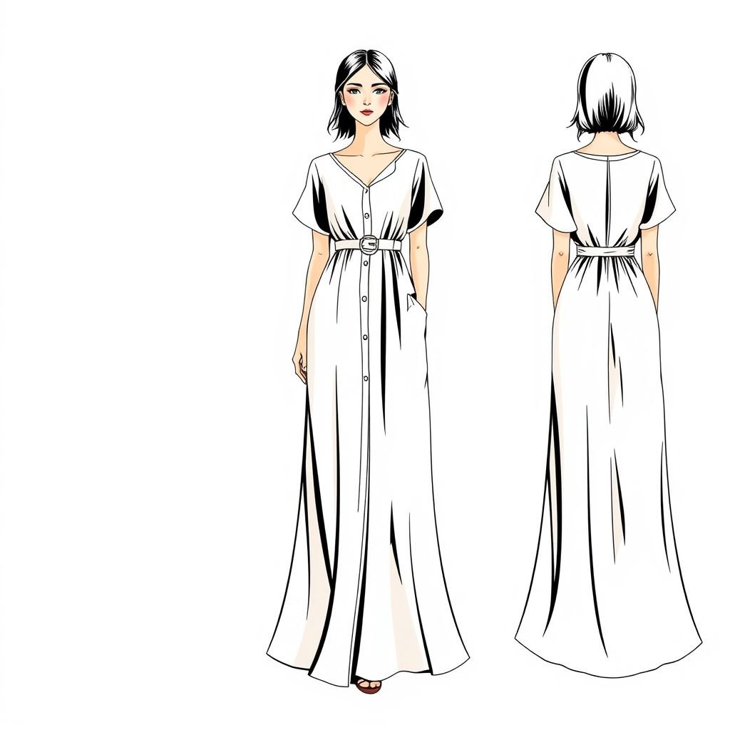 Button down maxi dress with flowy short arms and with elastic at the back so itcan stretch fit big bust .the dress must also be flowy at the bottom to flaunt a womes curves
Design a minimalist maxi dress featuring a sleek button-down front and subtle flowy short sleeves. Incorporate an elastic back to ensure a comfortable fit for larger busts while maintaining a clean silhouette. The bottom should gracefully cascade, enhancing feminine curves, embodying simplicity and elegance through soft, neutral tones and minimal embellishments.