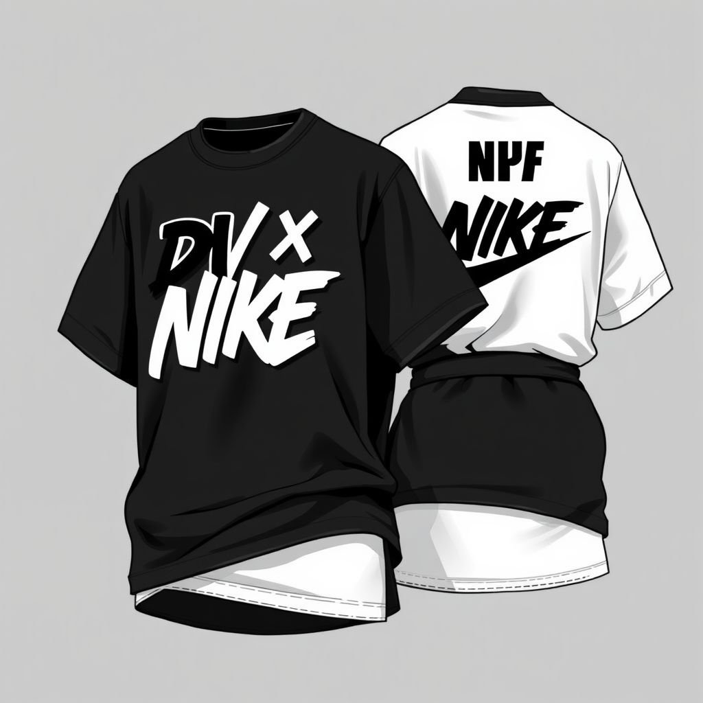 A black and white two toned cotton shirt and skirt, that says “DV X Nike ” on it, with Nike check mark
Design an urban-inspired streetwear outfit featuring a striking black and white color-blocked cotton shirt paired with a matching high-waisted skirt. The shirt prominently displays "DV X Nike" in bold, graffiti-style typography, alongside an oversized Nike check mark. Incorporate edgy details like asymmetrical hems and oversized pockets for that authentic street vibe.