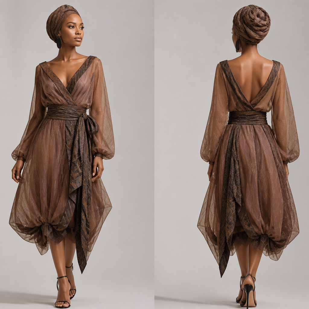 A Female Dress design, made of Chiffon, for Casual, suitable for Fall, in Classic + Softcore + Futuristic style. design bubble waist wrapper and a matching doek wrap. South Africa fashion aesthetics.
photorealistic fashion design, A Female Dress design, made of Chiffon, for Casual, suitable for Fall, in Classic + Softcore + Futuristic style. design bubble waist wrapper and a matching doek wrap. South Africa fashion aesthetics., classic style, just the design no text