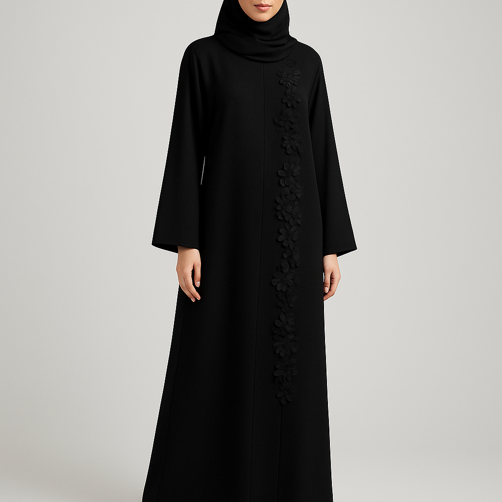 The Classic Floral Side-Line Abaya
Tone: Jet Black Design: A straight line of delicate 3D flowers + stones running down one side only. Why it will sell: Very slimming, minimal, elegant — perfect for everyday + occasions.

The Classic Floral Side-Line Abaya
Tone: Jet Black Design: A straight line of delicate 3D flowers + stones running down one side only. Why it will sell: Very slimming, minimal, elegant — perfect for everyday + occasions.