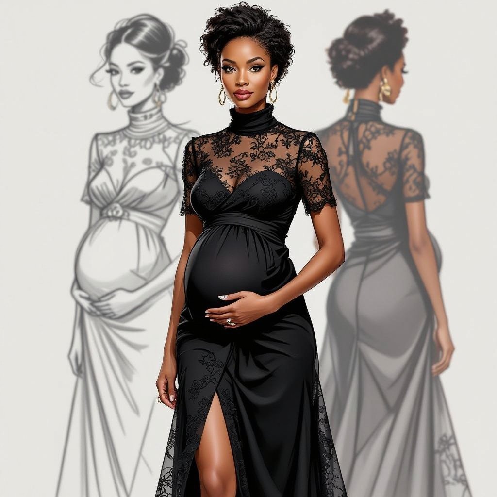 A full picture from head to toe of pencil sketch of an African black woman of a pregnant woman in a beaded turtle neck lace maternity dress
A full-body pencil sketch of an African Black pregnant woman. She wears a beaded, turtleneck, A-line lace maternity dress with short sleeves.