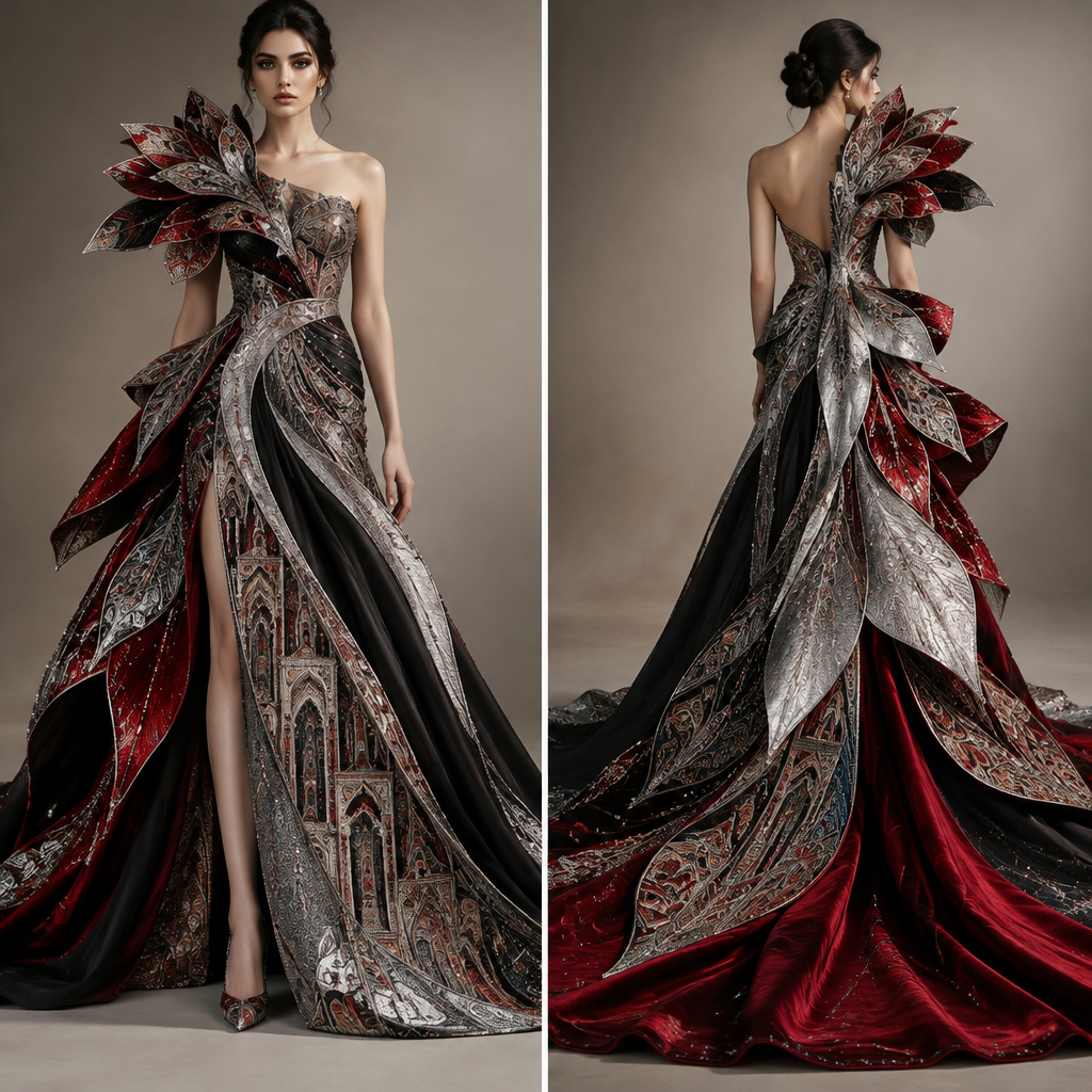 Create an extraordinary futuristic haute couture masterpiece, a wearable work of art never seen before, inspired by Afghan architecture and the shape of a blooming rare flower. Sculptural 3D petals rise from one shoulder and transform into a dramatic asymmetrical flowing train. Use liquid silver, deep ruby red, midnight black, intricate metallic embroidery, innovative layered structures and unexpected elegant shapes. A breathtaking original silhouette, museum-level craftsmanship, luxury international fashion house concept, full-length front and back views, realistic fabric, highly detailed, no ordinary traditional gown.. AF fashion aesthetics. Present it as professional fashion catalogue photography: the garment is the subject, shown full-length with editorial styling, neutral posing and tasteful, non-suggestive framing.
photorealistic fashion design, Create an extraordinary futuristic haute couture masterpiece, a wearable work of art never seen before, inspired by Afghan architecture and the shape of a blooming rare flower. Sculptural 3D petals rise from one shoulder and transform into a dramatic asymmetrical flowing train. Use liquid silver, deep ruby red, midnight black, intricate metallic embroidery, innovative layered structures and unexpected elegant shapes. A breathtaking original silhouette, museum-level craftsmanship, luxury international fashion house concept, full-length front and back views, realistic fabric, highly detailed, no ordinary traditional gown.. AF fashion aesthetics. Present it as professional fashion catalogue photography: the garment is the subject, shown full-length with editorial styling, neutral posing and tasteful, non-suggestive framing., just the design no text