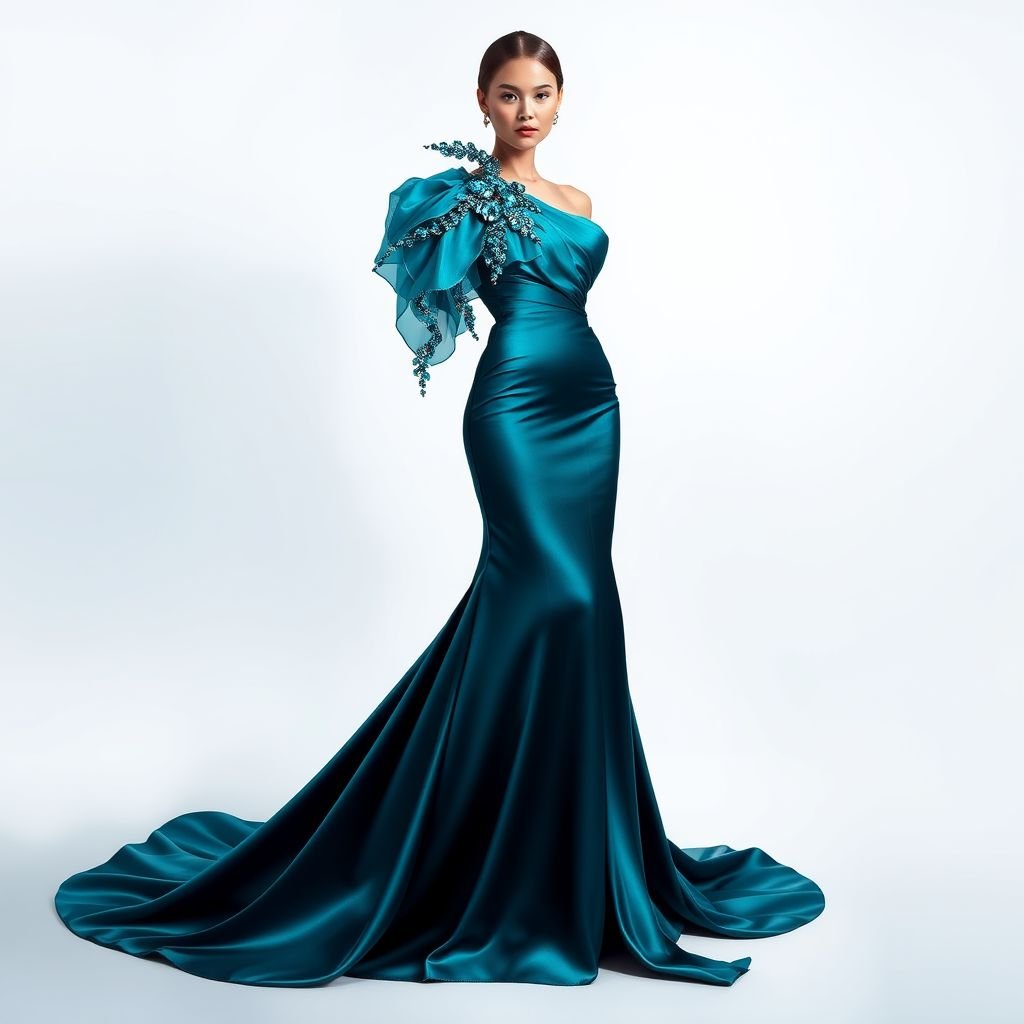 A beautiful gown that’s simple, flowing, elegant with a stunning structural art piece resembling a wave running from the shoulder to the bottom of the dress. Teal shiny blue fabric with all colors of blue crystal stones on the structured part. Make it more fitted and structured in the skirt part. Show the full front of the dress with the full details
Design a breathtaking haute couture gown that exudes elegance and sophistication. Crafted from luxurious teal silk, the gown features a flowing silhouette that gracefully falls to the floor. A stunning structural art piece, resembling a cascading wave, runs from the shoulder, adorned with shimmering blue crystal stones, enhancing its opulence. The fitted skirt, intricately tailored, balances the ethereal top, creating a striking yet harmonious silhouette. Showcase the full front view, highlighting exquisite detailing, intricate stitching, and the captivating interplay of light on the luxurious fabric, embodying the essence of haute couture fashion.