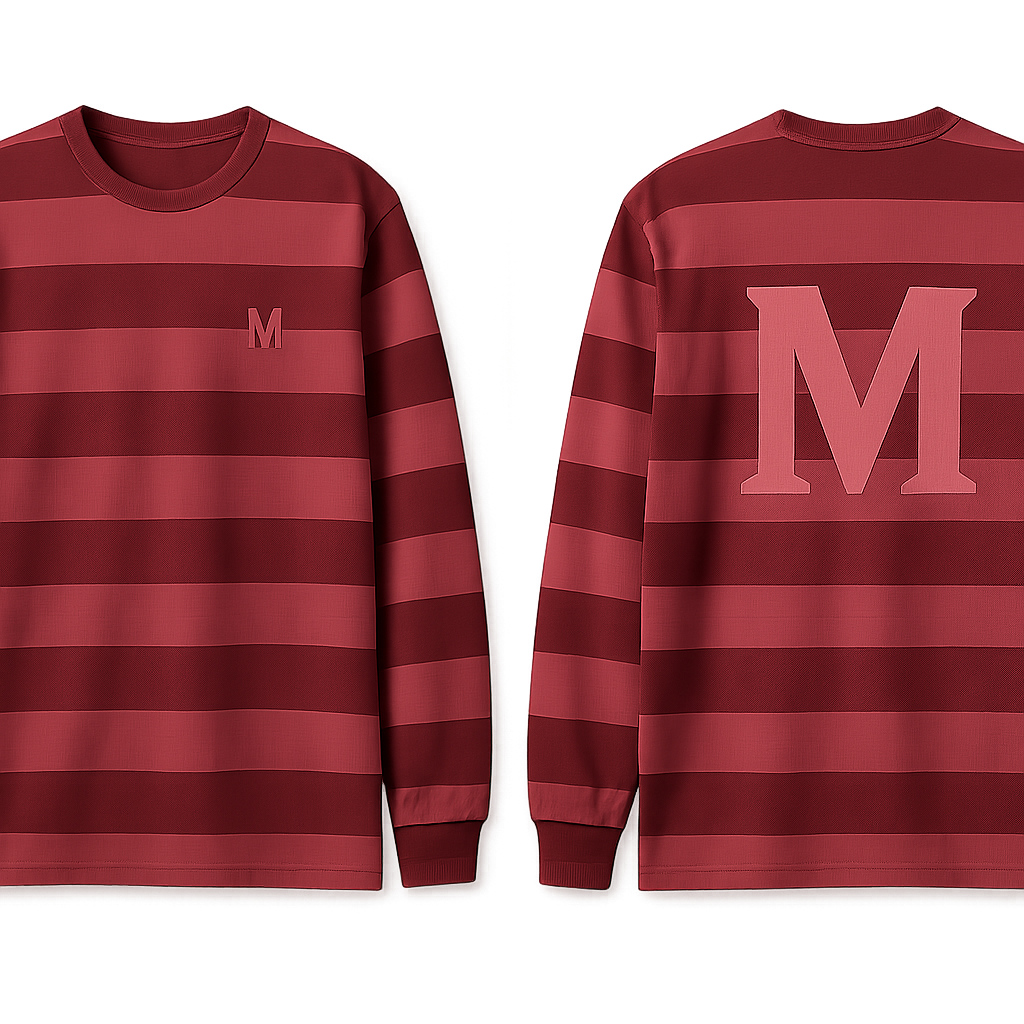 Make a Longsleeve with dark red stripes and pink make a logo on the back with the letter M and a small logo on the side of the chest also with the letter M.
Make a Longsleeve with dark red stripes and pink make a logo on the back with the letter M and a small logo on the side of the chest also with the letter M.
, casual style, show front and back