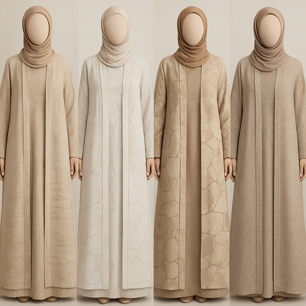 Create a modest two-piece linen abaya, the first of its kind, featuring a unique stone design that exudes a classy and sophisticated vibe. I’d like four designs, each showcasing different styles and fabrics. Incorporate high-end, unique chic stone designs to make them truly special. Add little sophisticated stone designs.

Create a modest two-piece linen abaya, the first of its kind, featuring a unique stone design that exudes a classy and sophisticated vibe. I’d like four designs, each showcasing different styles and fabrics. Incorporate high-end, unique chic stone designs to make them truly special. Add little sophisticated stone designs.