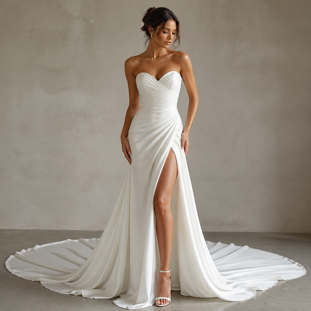A Female Dress design, suitable for Summer. brudklänning enekl elegant hög slits släp 4 meter hjärtformad byst. Sweden fashion aesthetics.
photorealistic fashion design, A Female Dress design, suitable for Summer. brudklänning enekl elegant hög slits släp 4 meter hjärtformad byst. Sweden fashion aesthetics., just the design no text