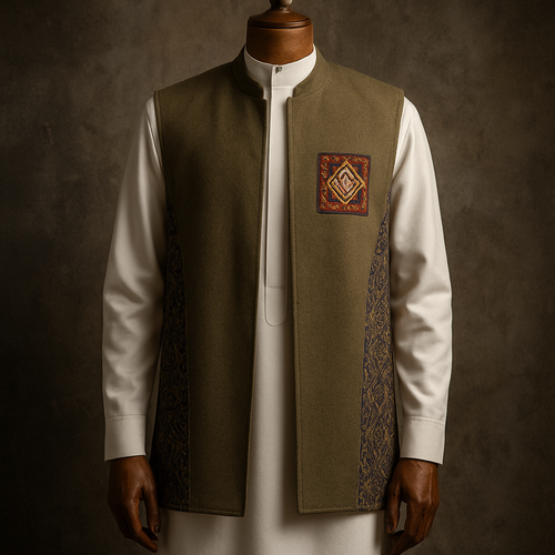 ‏Urban Fusion — modern/short  
‏"Contemporary sleeveless hip-length sedri worn over a traditional white Saudi thawb, on a luxurious wooden mannequin, khaki wool-poly blend with printed ajrak/sindhi side panels, simplified truck-art chest patch, low natural lighting emphasizing texture, textured studio urban backdrop, realistic with an artistic touch --ar 3:4 --v 5 --q 2"

