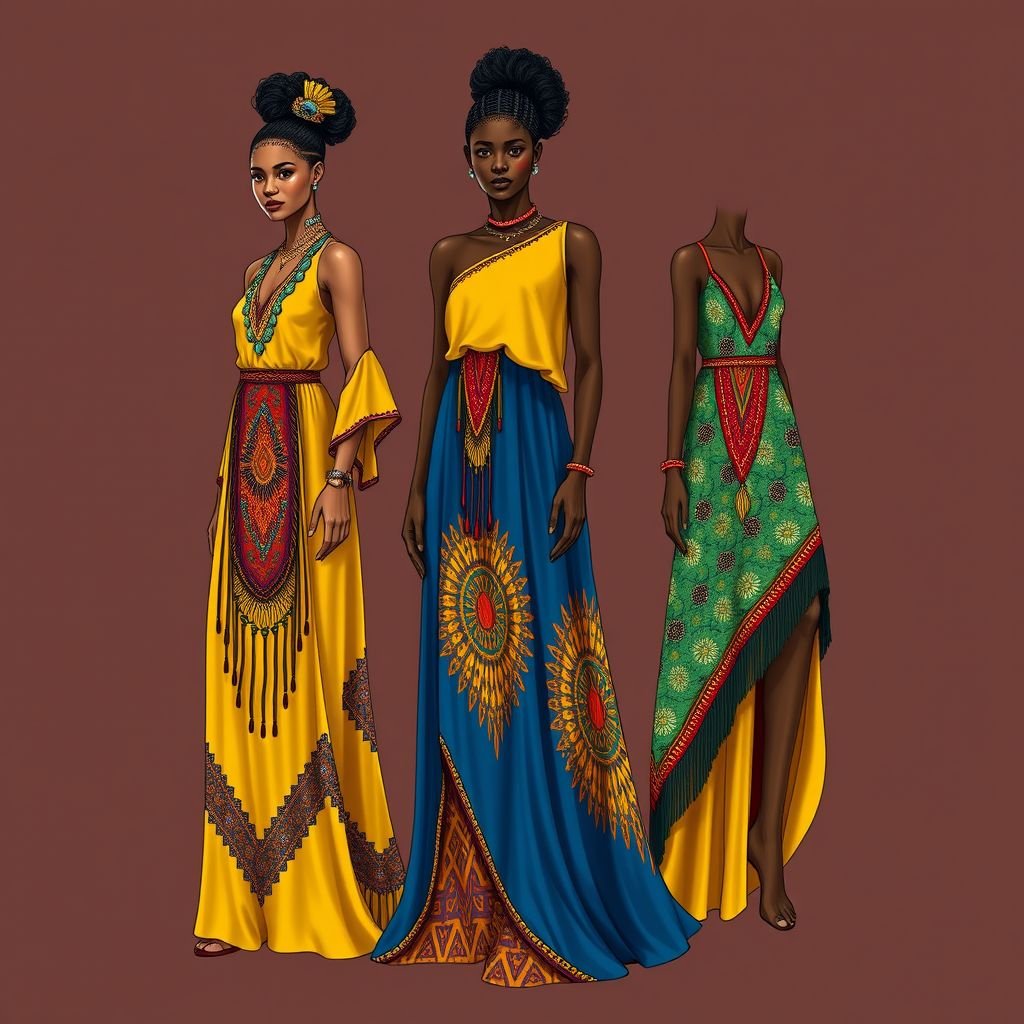 Africain
Create a vibrant Africain fashion design that blends traditional tribal patterns with contemporary silhouettes. Incorporate bold colors like deep indigos, sunlit yellows, and rich earth tones. Use flowing fabrics for maxi dresses adorned with intricate beadwork and asymmetrical cuts, celebrating cultural heritage while offering a modern, global appeal. Perfect for festivals!