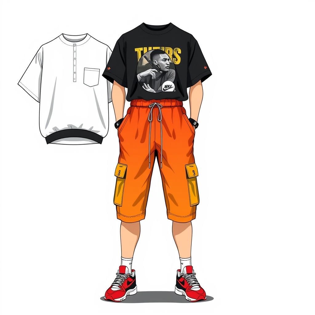 Clean two piece outfit, shortsleeved shirt
Design a contemporary streetwear ensemble featuring a clean, oversized short-sleeved shirt with bold graphic prints and contrasting stitching. Pair it with high-waisted, tailored jogger shorts in a vibrant color, adorned with functional pockets. Incorporate street-inspired elements like a drawstring hem and striking sneakers for an edgy, urban vibe.