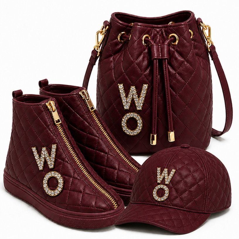 Same set hat , bag , sneakers with The rhinestone letters W and O for n burgundy
edit the attached fashion design with these instructions: Same set hat , bag , sneakers with The rhinestone letters W and O for n burgundy. keep it photorealistic, just the design no text