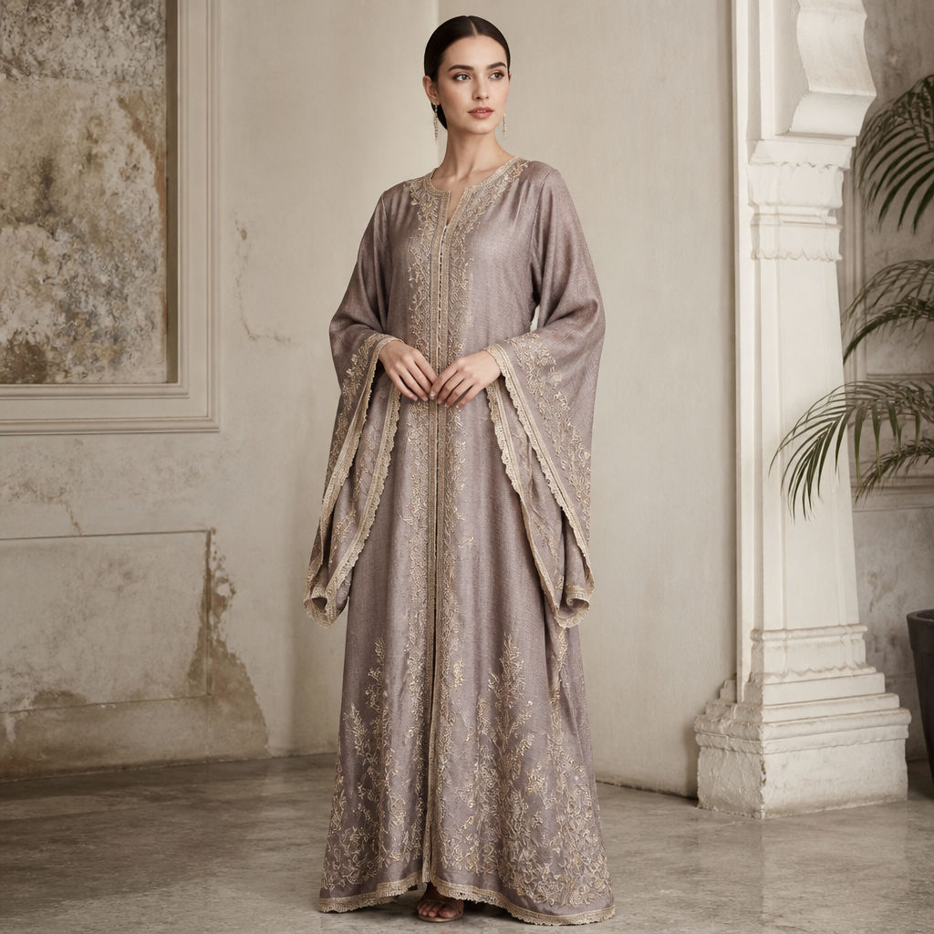 A Female Kaftan design, made of Cotton, with a light, flowing drape, with a Fitted silhouette, in a Muted & Dusty color palette, for Wedding, suitable for Fall, suited to a Cold climate, in Classic style, shown on a model with fair skin and a petite figure Present it as professional fashion catalogue photography: the garment is the subject, shown full-length with editorial styling, neutral posing and tasteful, non-suggestive framing.
photorealistic fashion design, A Female Kaftan design, made of Cotton, with a light, flowing drape, with a Fitted silhouette, in a Muted & Dusty color palette, for Wedding, suitable for Fall, suited to a Cold climate, in Classic style, shown on a model with fair skin and a petite figure Present it as professional fashion catalogue photography: the garment is the subject, shown full-length with editorial styling, neutral posing and tasteful, non-suggestive framing., classic style, just the design no text