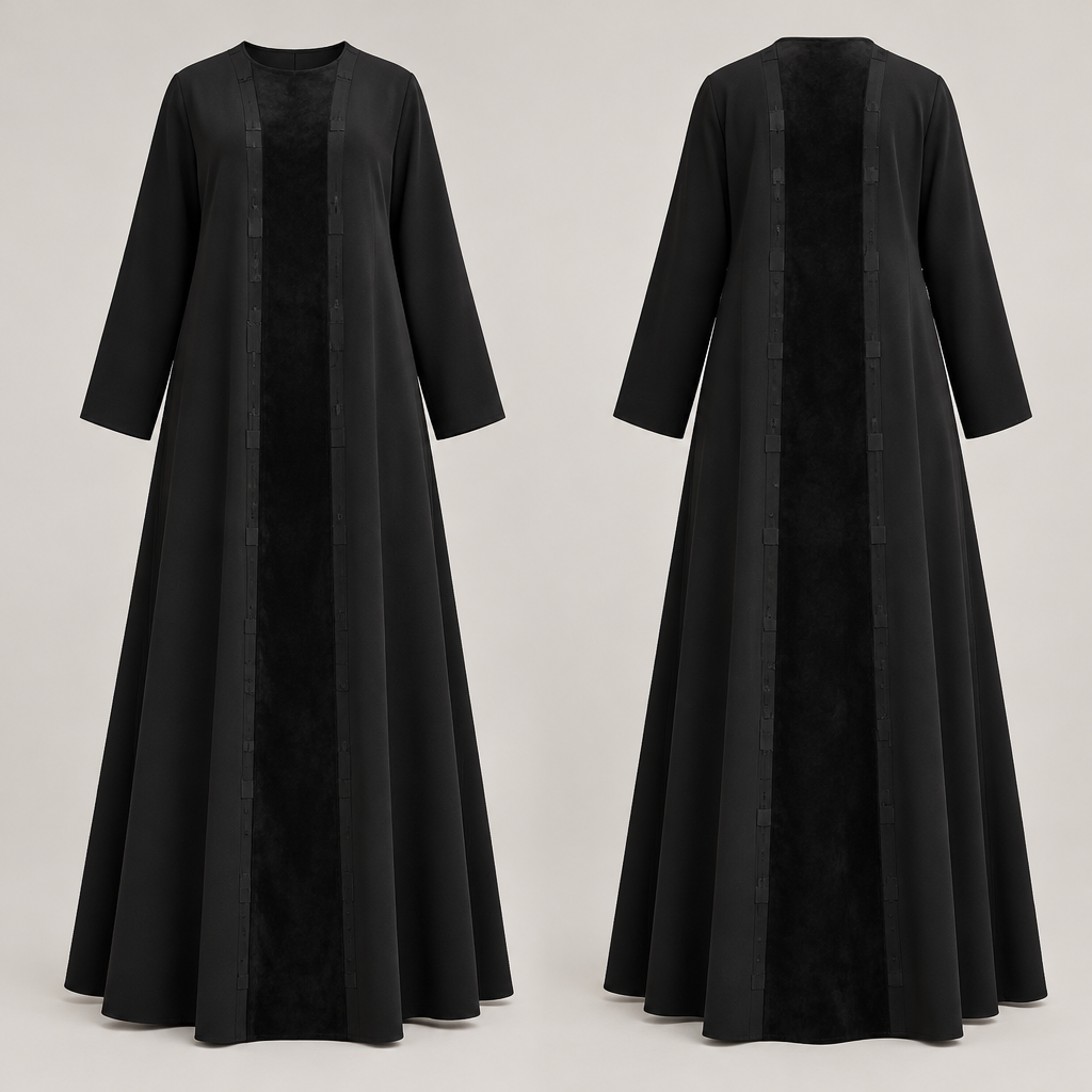 Create a luxurious Saudi women's abaya design for a premium brand named "Seen Abaya". All-black abaya, elegant half-circle (half-cloche) silhouette, black crepe fabric on the upper front, a central panel of black suede, subtle square patchwork detailing between the fabrics, straight simple sleeves with no puff, round neckline, full-length modest design. Show the garment clearly from the front and back, on a plain neutral background, professional fashion design illustration, realistic fabric textures, precise tailoring details, no extra decorations, no text, no logo, no model.
photorealistic fashion design, Create a luxurious Saudi women's abaya design for a premium brand named "Seen Abaya". All-black abaya, elegant half-circle (half-cloche) silhouette, black crepe fabric on the upper front, a central panel of black suede, subtle square patchwork detailing between the fabrics, straight simple sleeves with no puff, round neckline, full-length modest design. Show the garment clearly from the front and back, on a plain neutral background, professional fashion design illustration, realistic fabric textures, precise tailoring details, no extra decorations, no text, no logo, no model., just the design no text