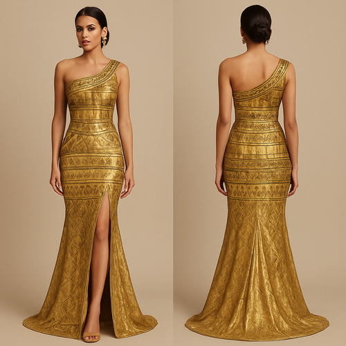 Pharaonic heritage evening dress, one shoulder, fishtail cut, with a slit to the knee