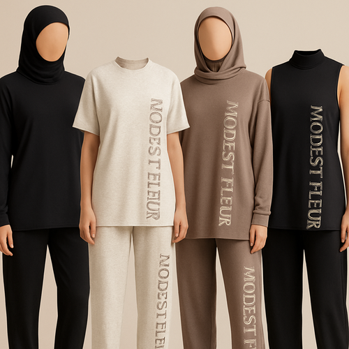 Create a revolutionary women’s modest loose gym wear brand called “Modest Fleur”. Display the brand name on the garments in a unique stone design on the side, exuding a classy and sophisticated vibe. I’d like four designs, each showcasing different styles and fabrics, with high-end, unique chic stone designs to make them truly special.