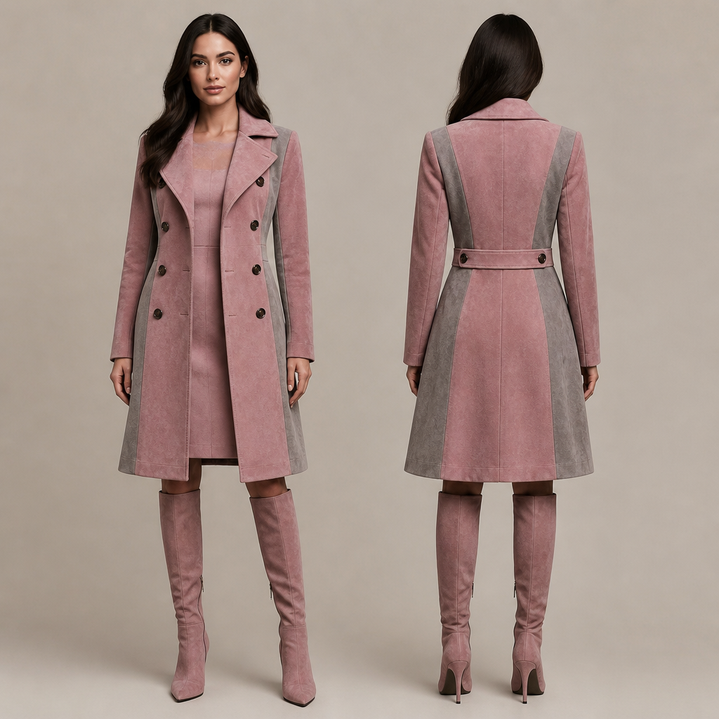Womens double breasted Coat and dress in suede pink and grey with matching boots
photorealistic fashion design, Womens double breasted Coat and dress in suede pink and grey with matching boots , elegant style, just the design no text, show front and back