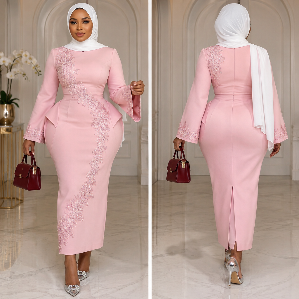I want a plain baby pink short exaggerated hip gown for church with touch of baby pink voil lace as simple design on it, white Zara scarf, silver heel and wine bag.
photorealistic fashion design, I want a plain baby pink short exaggerated hip gown for church with touch of baby pink voil lace as simple design on it, white Zara scarf, silver heel and wine bag.
, just the design no text, show front and back