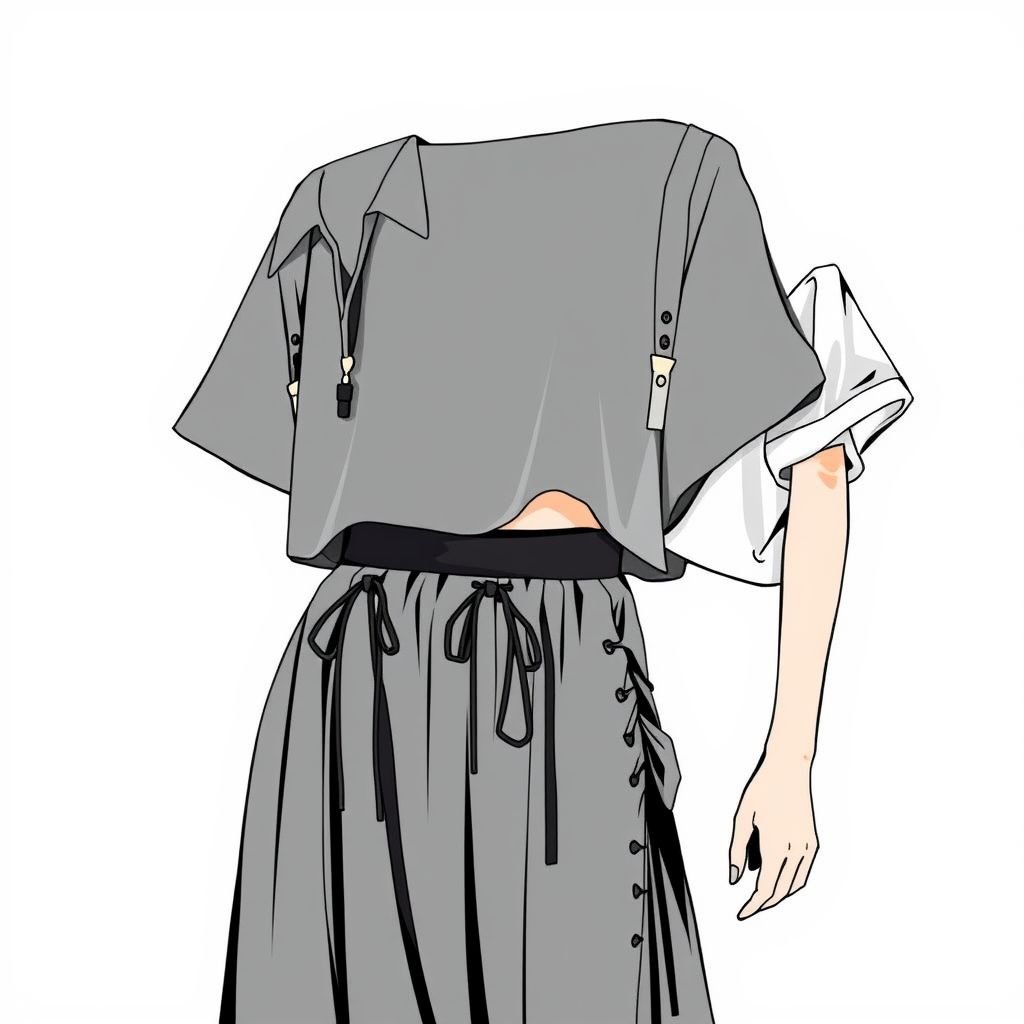 a Top and skirt set. I want the top to be a flowy cropped shirt with drawstrings. I want the skirt to be a flowy, scrunched side, with drawstrings. I want the design to be grey and black. The skirt needs to be midi/maxi
Design a chic preppy top and skirt set, featuring a flowy cropped shirt adorned with adjustable drawstrings for a customizable fit. Pair it with a stylish midi/maxi skirt, designed with a scrunched side and playful drawstrings. Choose an elegant palette of charcoal grey and classic black, epitomizing effortless sophistication.