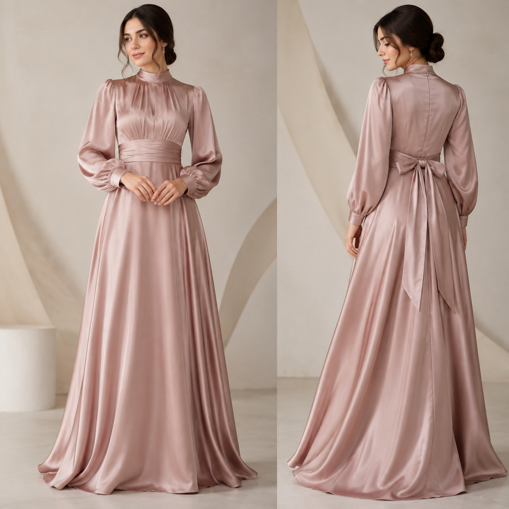 A Female Dress design, made of Satin, with modest, full coverage: longer hemlines, higher necklines and covered shoulders, suitable for Summer. SN fashion aesthetics. Present it as professional fashion catalogue photography: the garment is the subject, shown full-length with editorial styling, neutral posing and tasteful, non-suggestive framing.
photorealistic fashion design, A Female Dress design, made of Satin, with modest, full coverage: longer hemlines, higher necklines and covered shoulders, suitable for Summer. SN fashion aesthetics. Present it as professional fashion catalogue photography: the garment is the subject, shown full-length with editorial styling, neutral posing and tasteful, non-suggestive framing., just the design no text