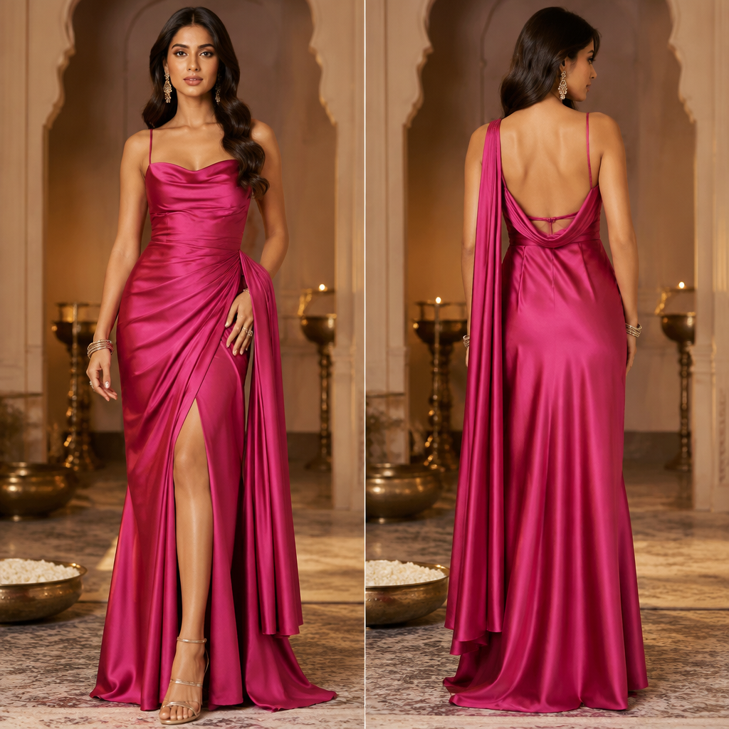 A Female Dress design, made of Silk, with a sleek, smooth finish, with a Fitted silhouette, in a Bold & Bright color palette, for Party, in Y2K + Classic + Elegant style. India fashion aesthetics. Present it as professional fashion catalogue photography: the garment is the subject, shown full-length with editorial styling, neutral posing and tasteful, non-suggestive framing.
photorealistic fashion design, A Female Dress design, made of Silk, with a sleek, smooth finish, with a Fitted silhouette, in a Bold & Bright color palette, for Party, in Y2K + Classic + Elegant style. India fashion aesthetics. Present it as professional fashion catalogue photography: the garment is the subject, shown full-length with editorial styling, neutral posing and tasteful, non-suggestive framing., y2k style, just the design no text, show front and back