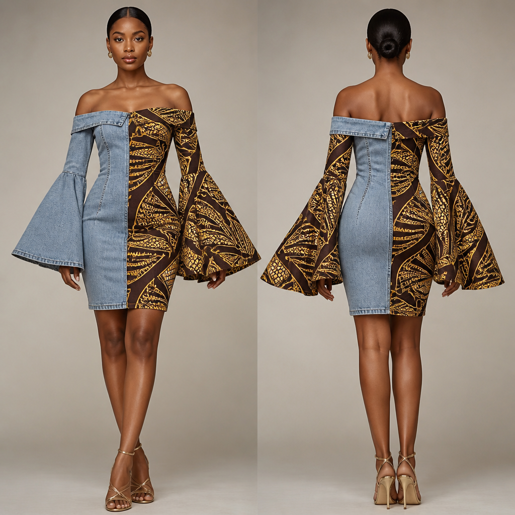 A Dress design, in Elegant + Glamorous + Luxury style. dark brown and light yellow African print on the right part and very faded blue jeans on the left part , long flared sleeves off shoulders on the left and off shoulders on the right and above knee length
photorealistic fashion design, A Dress design, in Elegant + Glamorous + Luxury style. dark brown and light yellow African print on the right part and very faded blue jeans on the left part , long flared sleeves off shoulders on the left and off shoulders on the right and above knee length, elegant style, just the design no text, show front and back
