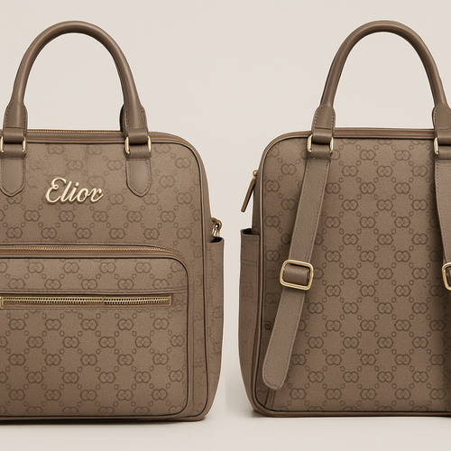 I want a diaper bag Dior style in taupe colour I want to be able to hang it on the child stroller and the brand name is Elior i want the brand name be written more beautiful en de bag to have a patron like Gucci i don’t like the form that you create know 
