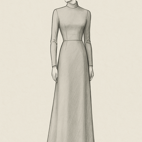 Custom Gown Design Specification
Inspiration Keywords: Elegant, Architectural, Romantic, 1920s-Inspired, Modern Classic.
Silhouette:
· Drop Waist: The defining feature. The bodice extends to the low hip, where a distinct seam connects to the skirt. This creates an elongated torso and a sophisticated, linear silhouette.
Neckline & Bodice:
· High Neck: A structured, high "portrait" or "band" collar that sits snugly against the throat. It is designed to frame the face and create a graceful, vertical line.
· Bodice Construction: The bodice is tailored and fitted, following the natural curves of the torso down to the low hip. It is suggested to have internal boning for structure and a smooth shape.
· Suggested Fabric: Matte satin, mikado silk, or a structured crepe for a modern look. For a romantic look, the entire bodice could be lace-appliquéd.
Sleeves:
· Style: Long, fitted sleeves that extend to the wrist.
· Design Options (Choose One):
  1. Pointed Cuff: The sleeve extends into a soft, elegant point over the back of the hand.
  2. Sheer Illusion: Made of a sheer fabric like illusion tulle, possibly with lace appliqués or beading for detail.
  3. Structured & Opaque: Made of the same structured fabric as the bodice, creating a clean, minimalist line.
Skirt:
· Style: From the drop waist, the skirt falls in a soft, columnar or very slight A-line shape. It should drape elegantly and move with the body, not be overly full or stiff.
· Suggested Fabric: The same as the bodice for a seamless look, or a lighter fabric like silk crepe or chiffon for a more fluid drape.
Back Details (Optional but Recommended):
· A concealed zipper or a row of small, fabric-covered buttons running from the nape of the neck down the center back to the drop waist seam.
Visual Summary:
The overall effect is that of a sleek, elongated column. The high neck and long sleeves create a sense of refined coverage and modern elegance, while the drop waist adds a unique, vintage-inspired focal point that is both dramatic and flattering.
---
This detailed description gives a designer a very clear blueprint to work from. Good luck with your beautiful dress