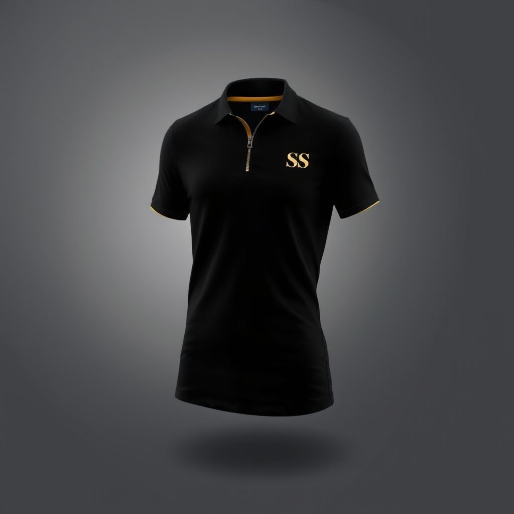 Design a sexy elegant Cotten material female slim fit polo shirt with SS logo on the right side of chest can be worn casually with half way zipper instead of button in black and gold
Design an exquisite, sexy slim-fit polo shirt crafted from luxurious cotton, featuring a sophisticated half-zipper closure instead of traditional buttons. Adorned with an elegant SS logo in shimmering gold on the right chest, the shirt embraces an effortlessly chic silhouette. Ensure the color palette of deep black and opulent gold enhances its refined allure.