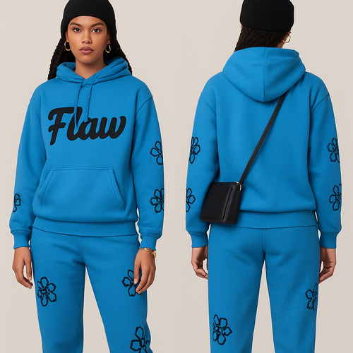 Blue jogging suit hoodie with bold words Flaw in abbreviation on it in Black in cursive braids gold hoop earrings and gold bracelet flowers on the sleeves and pants Black cross body purse and black nike shoes a black beanie 