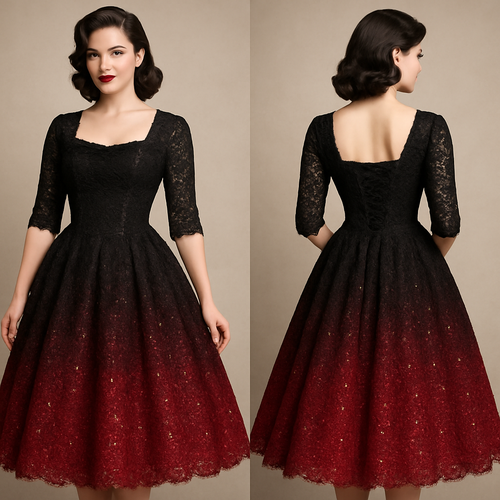 1950’s lace wedding dress. Black fading into red with a petty coat. Sequins all around the skirt with a corset back. 1/3 sleeves with square neck.