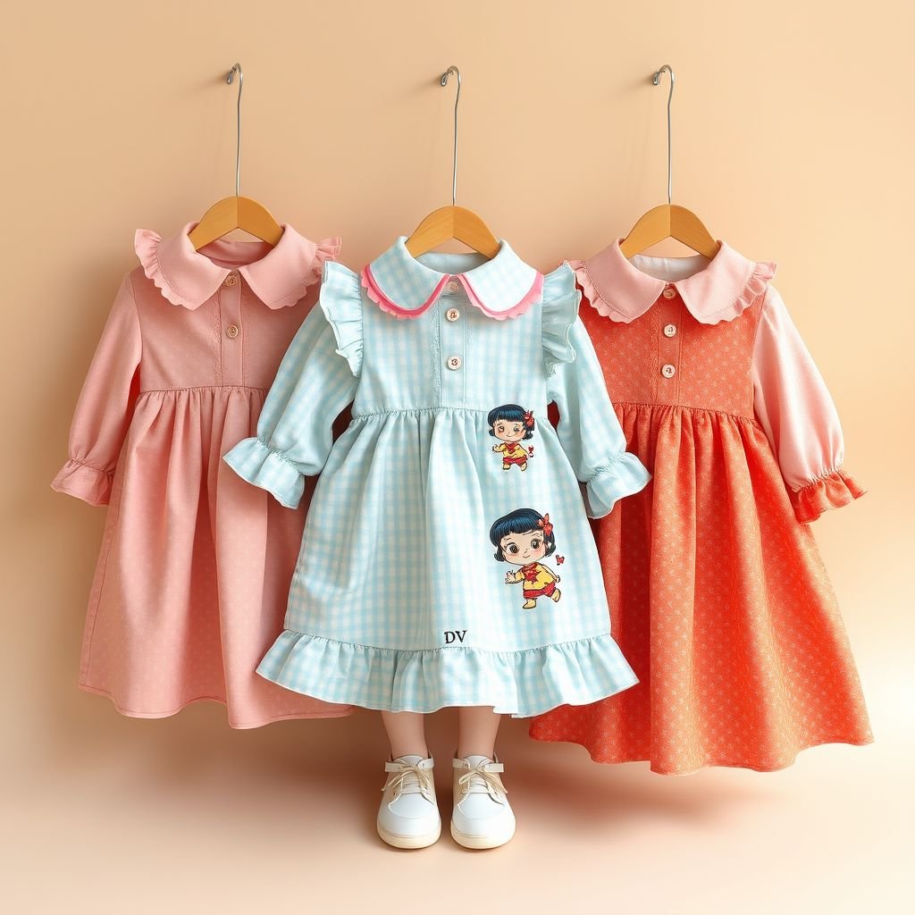 Early 2000’s vintage Baby infant and toddler clothes. With DV on bottom left corner.
Design a whimsical collection of early 2000s-inspired vintage infant and toddler garments, featuring playful pastel colors and nostalgic patterns. Incorporate oversized collars, ruffled hems, and charming appliqués of beloved cartoon characters. Add a signature touch with “DV” elegantly embroidered in the bottom left corner, reminiscent of cherished family heirlooms.