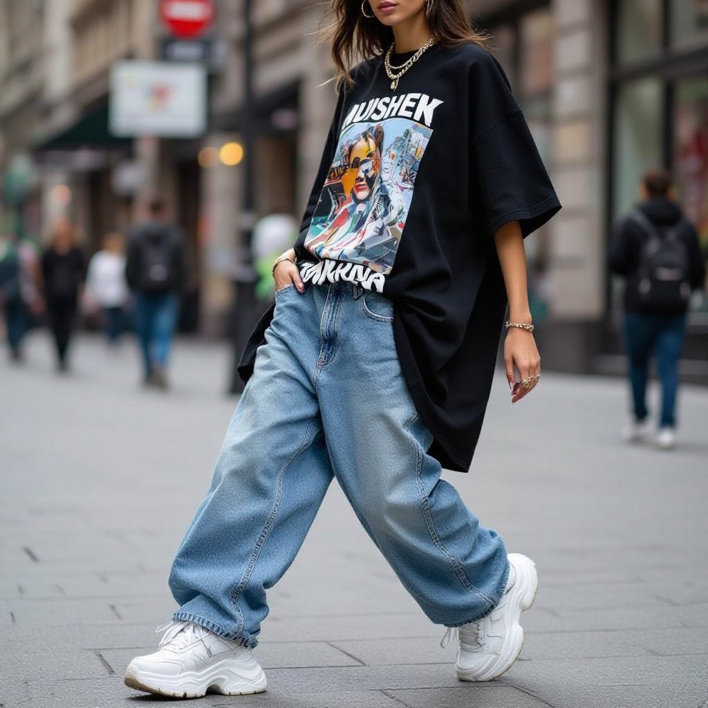 Mishel zvigi
Urban fashion: **Mishel Zvigi:** A black cotton oversized t-shirt, baggy denim jeans, and chunky white sneakers define this urban look.