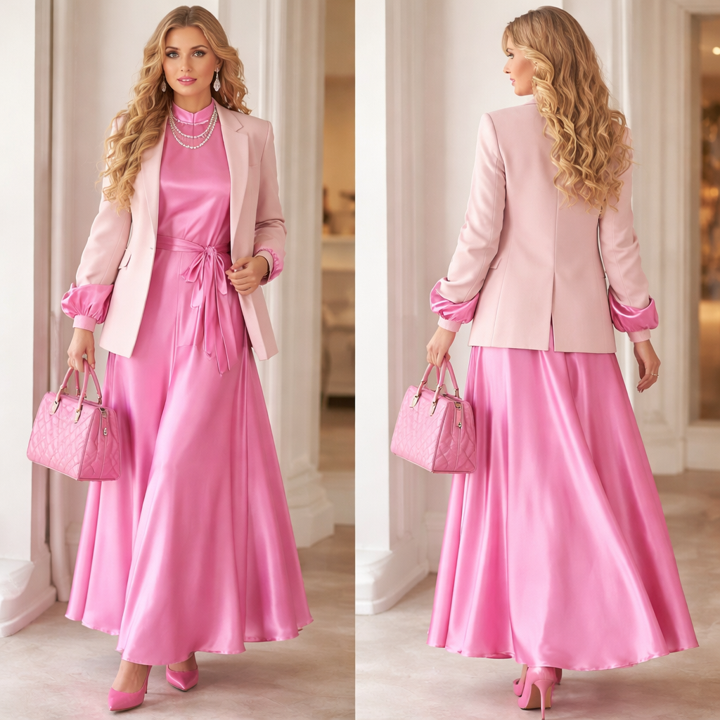 To pull off a modest Barbie look, go for a floor-length satin wrap dress in a vibrant bubblegum pink, featuring a high neckline and voluminous bishop sleeves. Layer it with a tailored blazer in a slightly lighter blush tone to add structure and a "Power Barbie" edge while ensuring full coverage. Ground the monochromatic palette with classic pearl accessories and a structured pink handbag, then finish the ensemble with pointed-toe pumps or block-heeled boots in a matching fuchsia for a seamless, high-fashion silhouette that feels both playful and incredibly polished.
To pull off a modest Barbie look, go for a floor-length satin wrap dress in a vibrant bubblegum pink, featuring a high neckline and voluminous bishop sleeves. Layer it with a tailored blazer in a slightly lighter blush tone to add structure and a "Power Barbie" edge while ensuring full coverage. Ground the monochromatic palette with classic pearl accessories and a structured pink handbag, then finish the ensemble with pointed-toe pumps or block-heeled boots in a matching fuchsia for a seamless, high-fashion silhouette that feels both playful and incredibly polished., show front and back