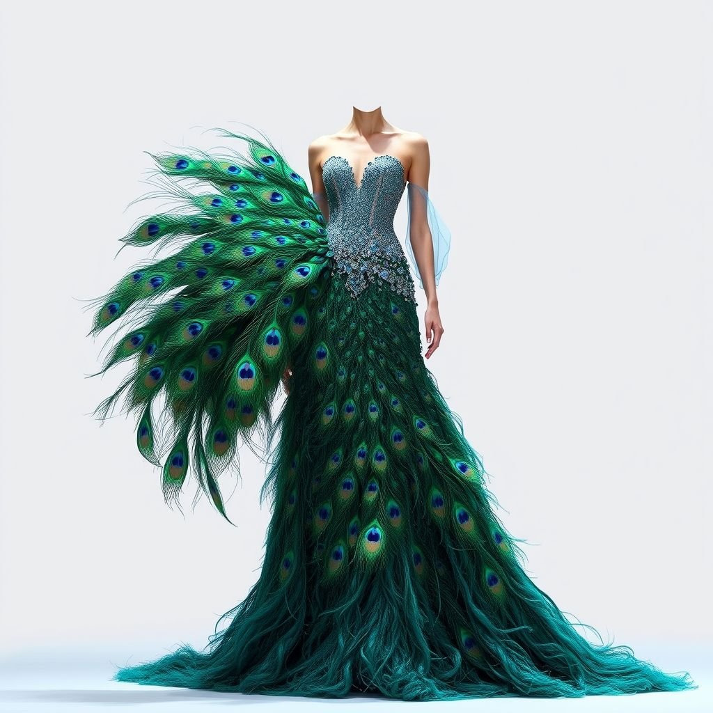 A fancy feathered peacock dress that gives runway
Envision an exquisite, floor-length gown, adorned with cascading peacock feathers that shimmer in iridescent hues of emerald and sapphire. The bodice is sculpted with intricate beading, creating a sophisticated silhouette. A sweeping train flows behind, while delicate, sheer sleeves lend a touch of ethereal grace, perfect for a high-fashion runway showcase.