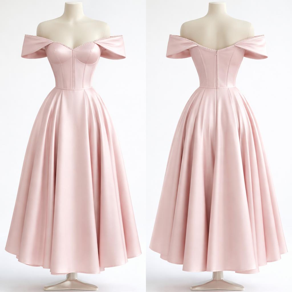 The top of the dress features a structured off-shoulder neckline in baby pink. The neckline has a soft sweetheart shape, with a slight dip at the center to enhance the bust. The off-shoulder sleeves extend outward and are slightly dramatic, with a sculpted, curved design that adds elegance without being too exaggerated.
The edges of the neckline and sleeves are delicately embellished with small bead-like details, giving a refined and feminine finish. The bust area is fitted and padded, creating a lifted, smooth, and well-supported look.
Below the bust, the bodice is tightly structured and corset-like, designed to strongly cinch the waist and create a snatched hourglass silhouette. The structure is firm and sculpted, enhancing the natural curves while maintaining a polished and sophisticated appearance.
The bottom part of the dress begins at the hip area, where the fitted bodice transitions into a gathered skirt. The fabric is softly pleated and flows outward, creating volume without being overly dramatic.
The skirt has a relaxed A-line silhouette, allowing it to drape naturally while still maintaining structure. The gathers are evenly distributed, giving the dress a soft, elegant fullness.
The length falls to a mid-calf (three-quarter) length, with a slightly uneven, organic hemline that adds movement and a modern touch. The overall effect is graceful and feminine, with a balance between structure and flow, making it suitable for both daytime and semi-formal occasions.
The top of the dress features a structured off-shoulder neckline in baby pink. The neckline has a soft sweetheart shape, with a slight dip at the center to enhance the bust. The off-shoulder sleeves extend outward and are slightly dramatic, with a sculpted, curved design that adds elegance without being too exaggerated.
The edges of the neckline and sleeves are delicately embellished with small bead-like details, giving a refined and feminine finish. The bust area is fitted and padded, creating a lifted, smooth, and well-supported look.
Below the bust, the bodice is tightly structured and corset-like, designed to strongly cinch the waist and create a snatched hourglass silhouette. The structure is firm and sculpted, enhancing the natural curves while maintaining a polished and sophisticated appearance.
The bottom part of the dress begins at the hip area, where the fitted bodice transitions into a gathered skirt. The fabric is softly pleated and flows outward, creating volume without being overly dramatic.
The skirt has a relaxed A-line silhouette, allowing it to drape naturally while still maintaining structure. The gathers are evenly distributed, giving the dress a soft, elegant fullness.
The length falls to a mid-calf (three-quarter) length, with a slightly uneven, organic hemline that adds movement and a modern touch. The overall effect is graceful and feminine, with a balance between structure and flow, making it suitable for both daytime and semi-formal occasions. , glamorous style, show front and back