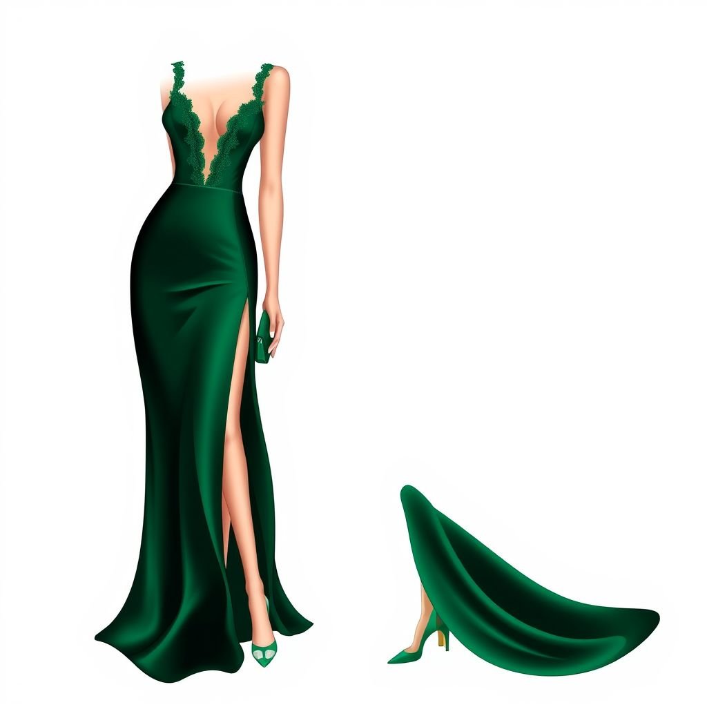 Sexy
Design a stunning evening gown that embodies elegance and sensuality. The dress features a figure-hugging silhouette crafted from flowing silk in deep emerald green. Subtle lace detailing adorns the plunging neckline, while a dramatic high slit reveals elegant stiletto heels. Accessorize with delicate diamond earrings and an exquisite clutch for a captivating look.