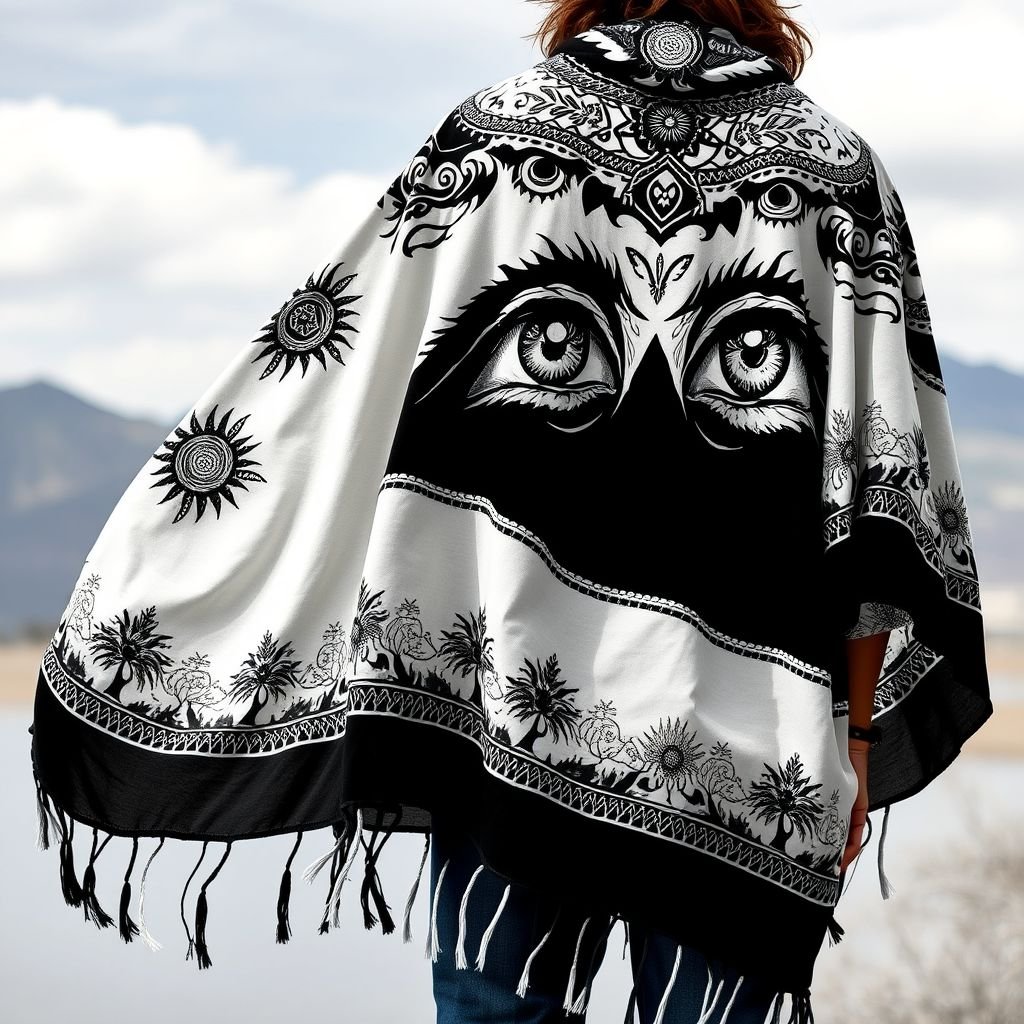 summer boho man dark black and white colors poncho which is handpainted of eyes in the nature
Design a summer boho poncho for men, featuring a striking black and white palette. The lightweight fabric flows elegantly, adorned with intricate hand-painted eyes observing serene natural landscapes. The oversized silhouette drapes artistically, creating an enchanting vibe. Accentuate with tassels and detailed stitching, merging mystical elements with effortless summer style.
