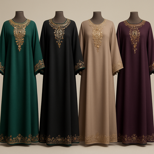 Create me modest boubou that's first in the world, using unique stone design, classy and sophisticated. Keep me 4 designs. Make them rich by adding minimal stone embroidery and stones designs.