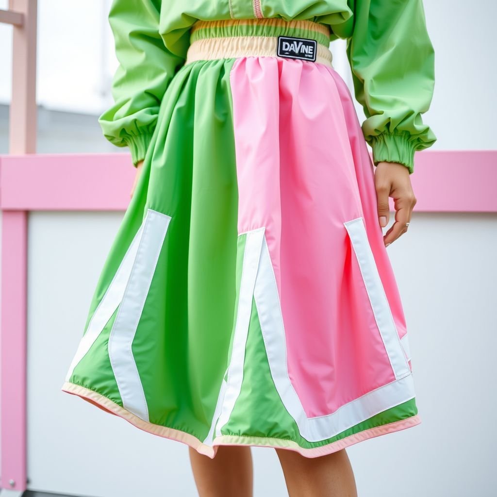 Streetrush women’s Street Sporty Academy Style, Street Hip-Hop Oversized midi skirt. These baby pink And baby green Color-Block Design, windbreaker material skirt. Feature Multiple Stripes, white and baby pink Paneling Design, And Front And Back Pattern Designs, Along With A Creative Double Waistband. They Are Suitable For All-Season Wear, Embody Street Rock Aesthetics, And Are Perfect For Music Festivals And Everyday Outfits. This Style Reflects Y2K Streetwear , Women’s Two-Tone Outdoor Sports , Chicago Jersey , Streetwear , Streetwear skirt. Put “DV” somewhere on it. Create me a logo for my brand “Da’Vine” and put it up there also
Introducing the ultimate women's Street Sporty Academy Skirt: a bold, oversized midi design in playful baby pink and green color-blocks with windbreaker fabric. Multiple white and baby pink stripes cascade down the front and back, featuring a unique double waistband for comfort. Ideal for all seasons, it embodies Y2K streetrock aesthetics while being festival-ready. Add a “DV” emblem on the hem and incorporate the “Da’Vine” logo—representing individuality and style—situated prominently on the waistband, making this piece an essential for any streetwear enthusiast. Perfectly versatile for urban outings or vibrant music events!