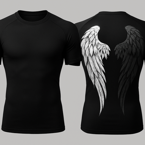 Black base short sleeve compression jujitsu rash guard shirt. 2 angle wings on the back, one white and the other dark gray. Make the wings kinda form a shape of a heart without making it too obnoxious so the wings look natural still 

Little less of a heart shape and make the wings come down almost to the bottom of the shirt 

