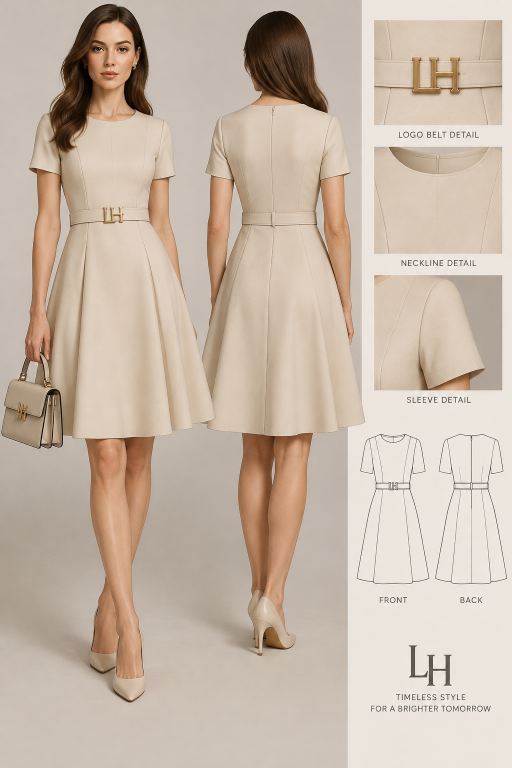 a-line dress with short slees, with belt with logo LH
a-line dress with short slees, with belt with logo LH