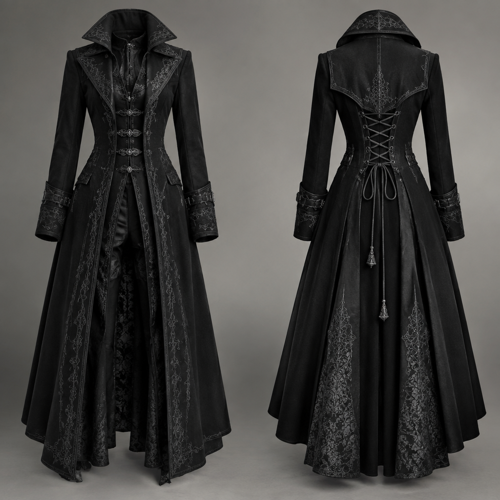 Long coat
photorealistic fashion design, Long coat
, gothic style, just the design no text